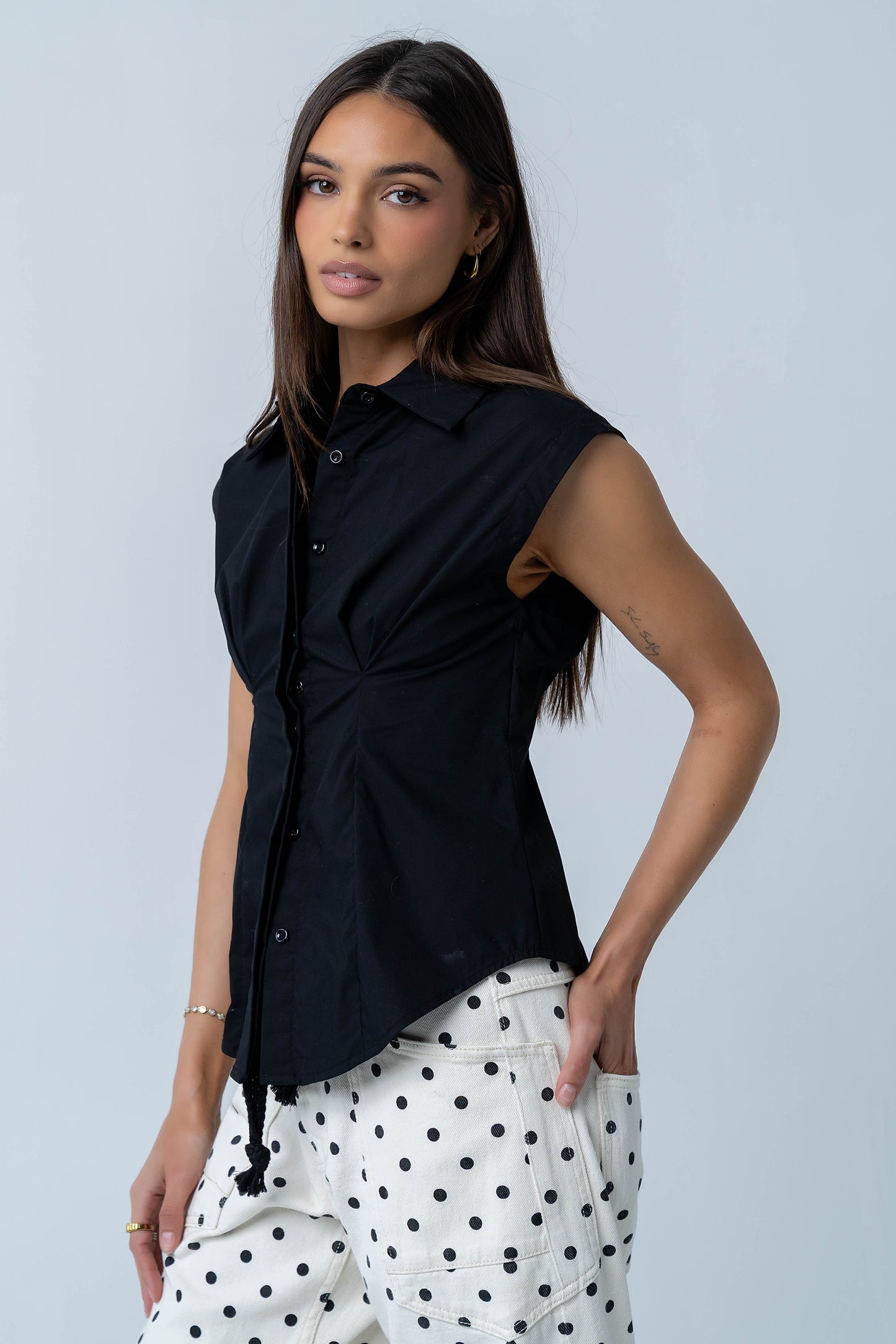 Remi Pleated Button Up in Black