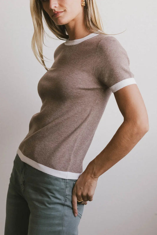 Maddie Ringer Sweater Top in Taupe
