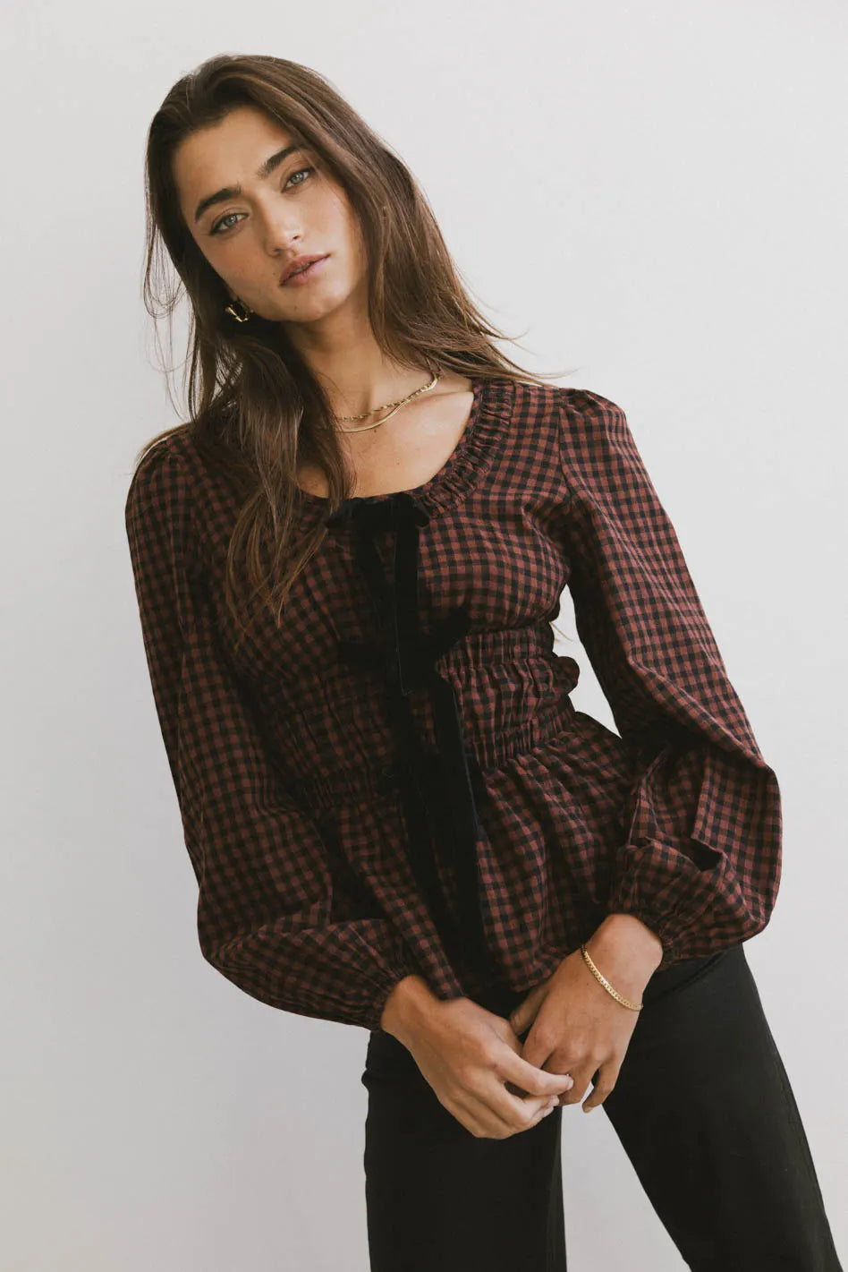 Ella Tie Peplum Blouse in Brick - FINAL SALE
