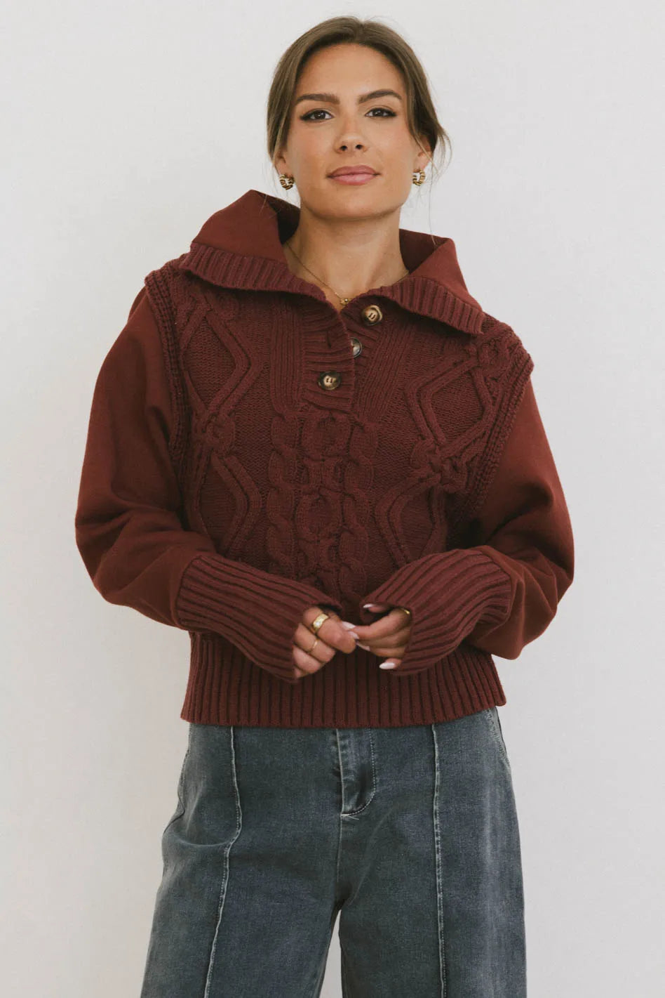 Irene Cable Knit Sweater in Burgundy - FINAL SALE