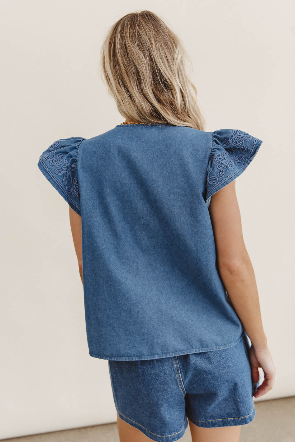 Quiney Embroidered Top in Denim - FINAL SALE