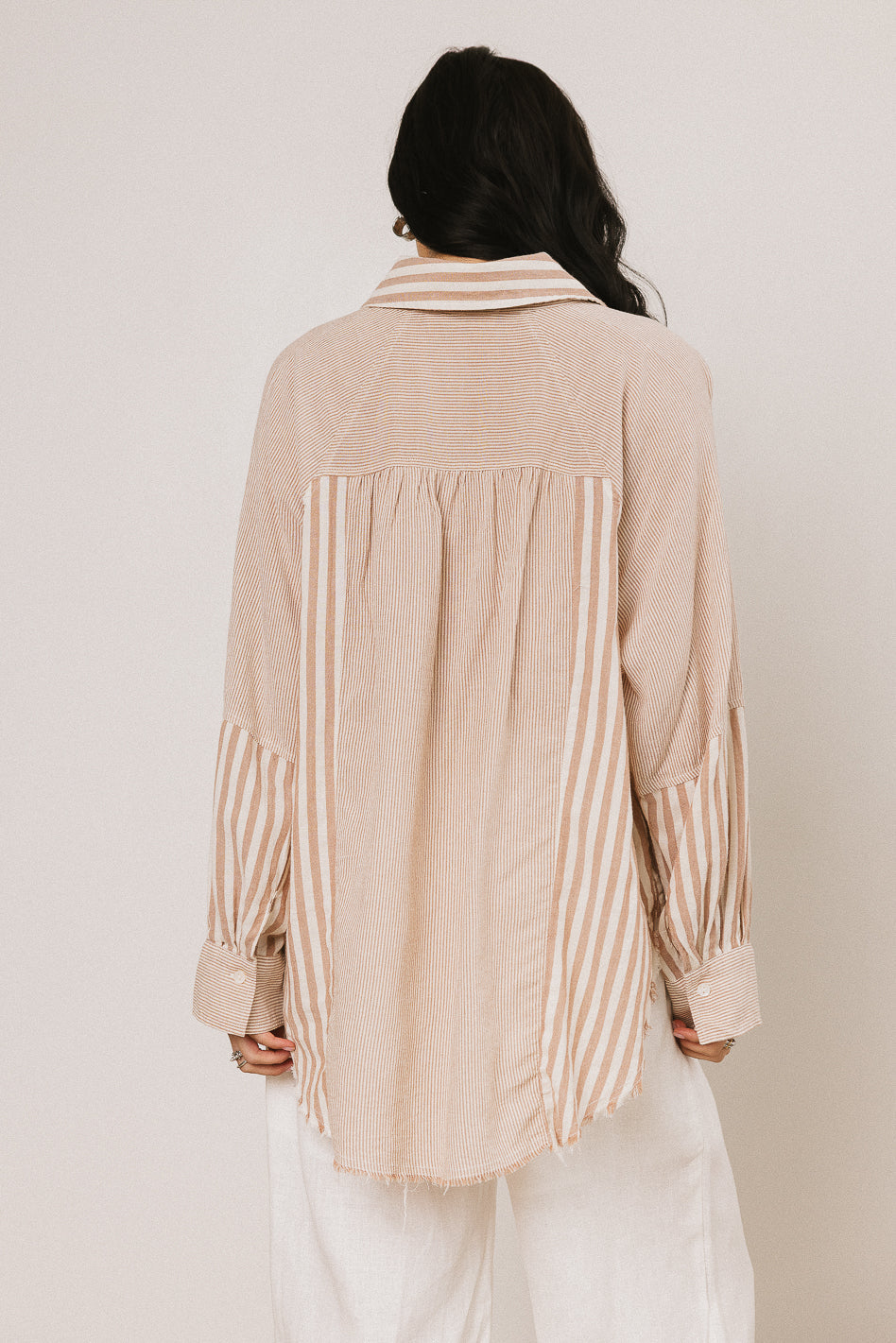 Gia Striped Button Up in Taupe - FINAL SALE