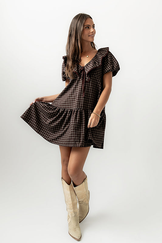 Tony Gingham Baby Doll Dress in Brown - FINAL SALE