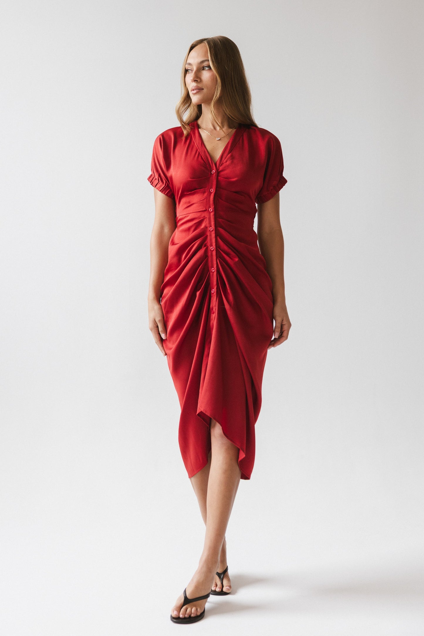 Opie Satin Midi Dress in Red-Orange