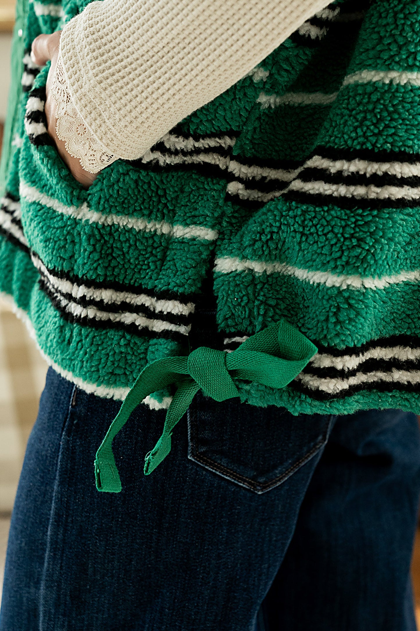 Mellanie Striped Sherpa Vest in Green