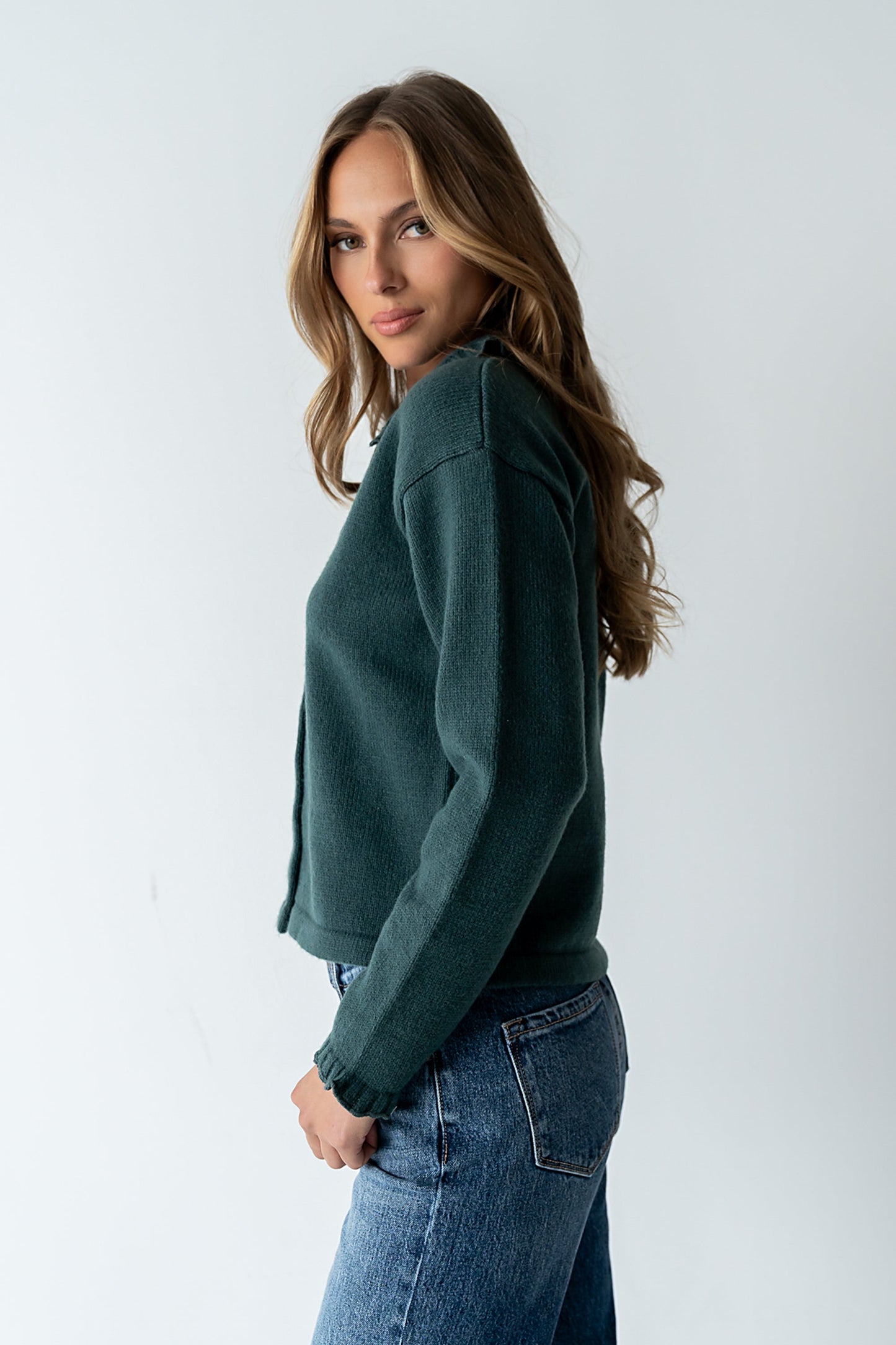 Trixie Ruffled Cardigan in Hunter Green
