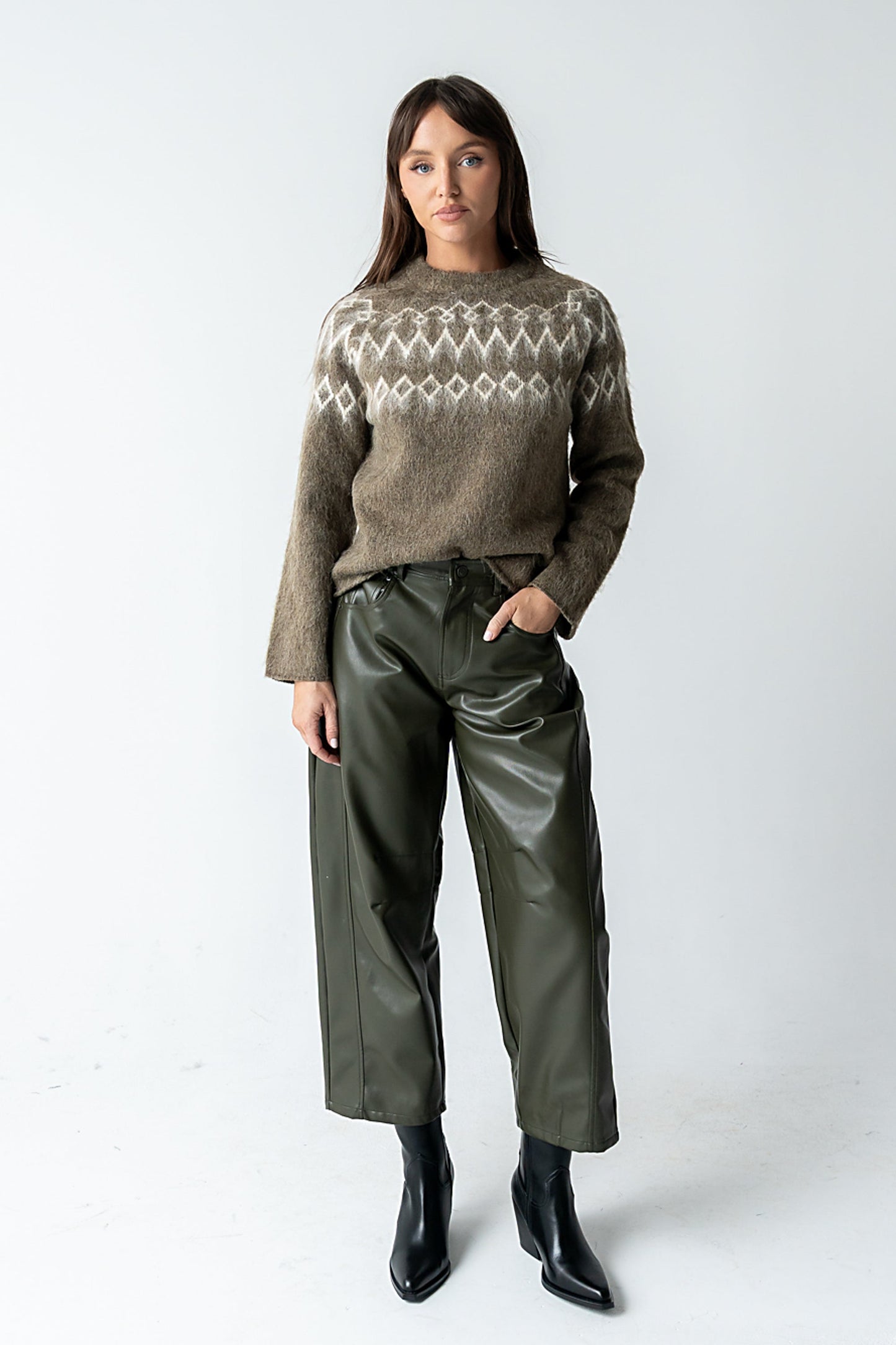 Langston Vegan Leather Barrel Jeans in Olive