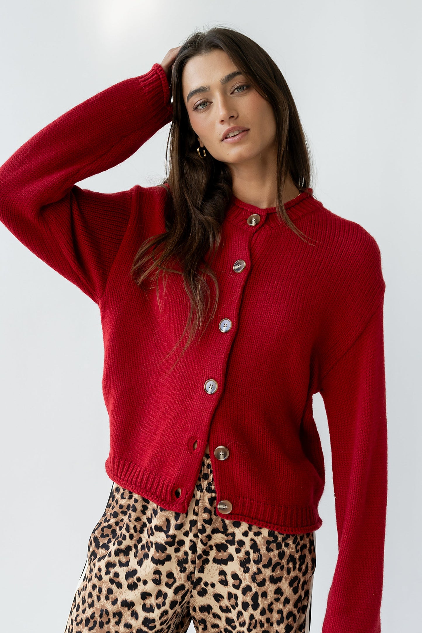 Nolan Chunky Knit Cardigan in Red