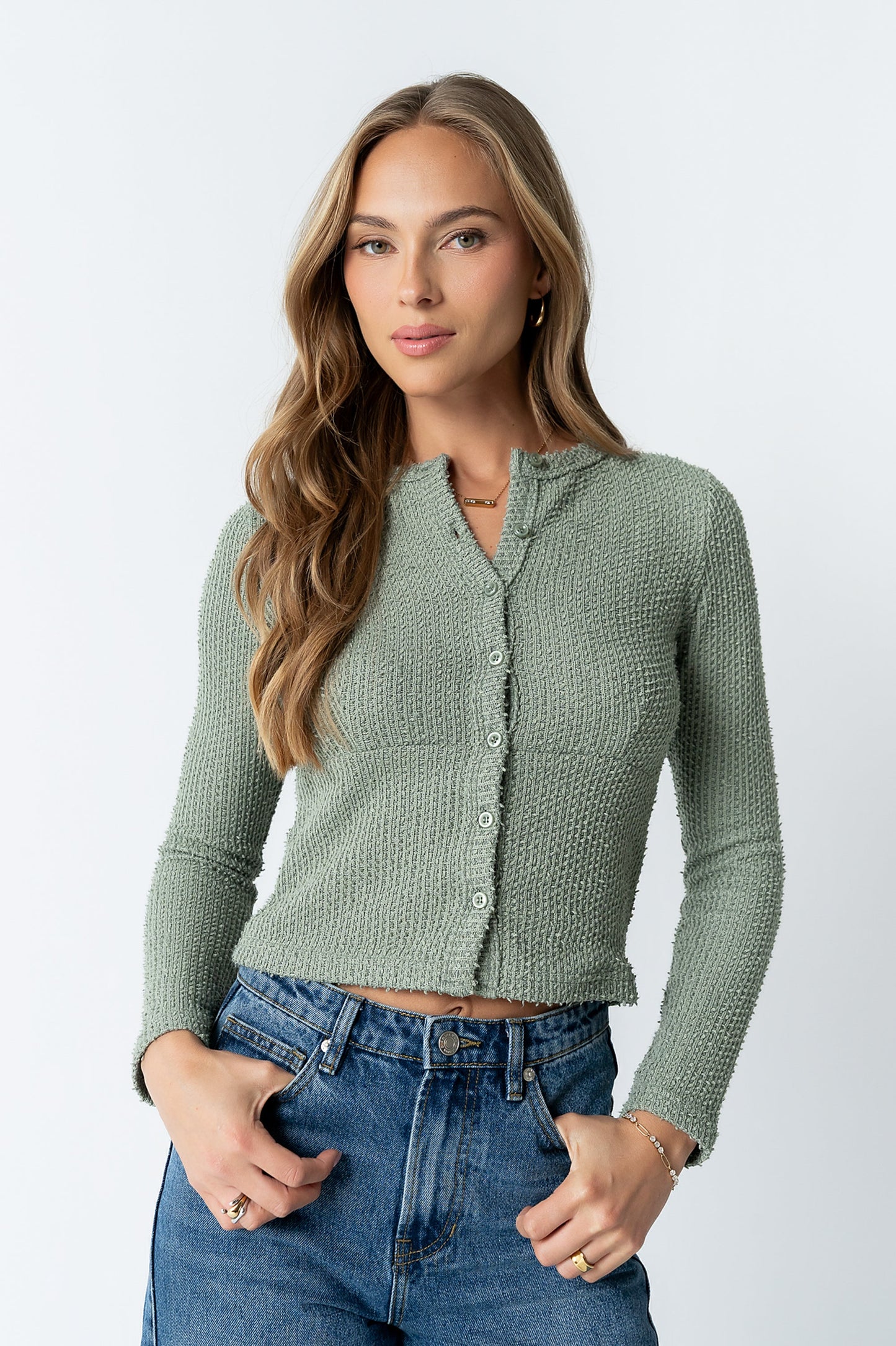 Mindy Button Front Sweater in Green