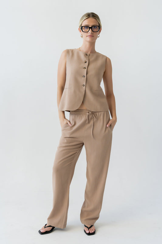 Vivienne Pinstripe Wide Leg Pants in Tan