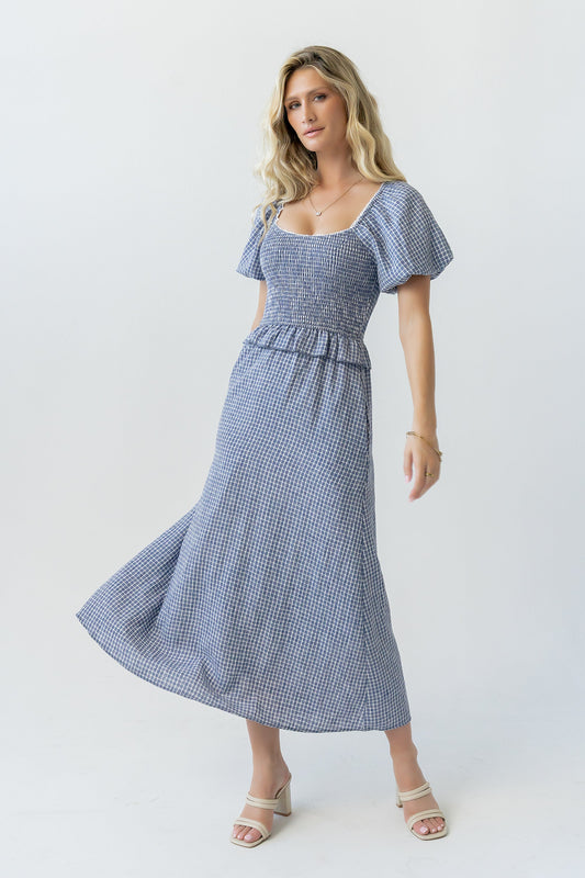 Renley Plaid Midi Dress in Navy