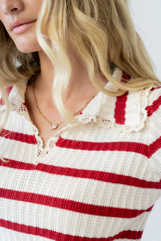 Tess Striped Collared Top in Red