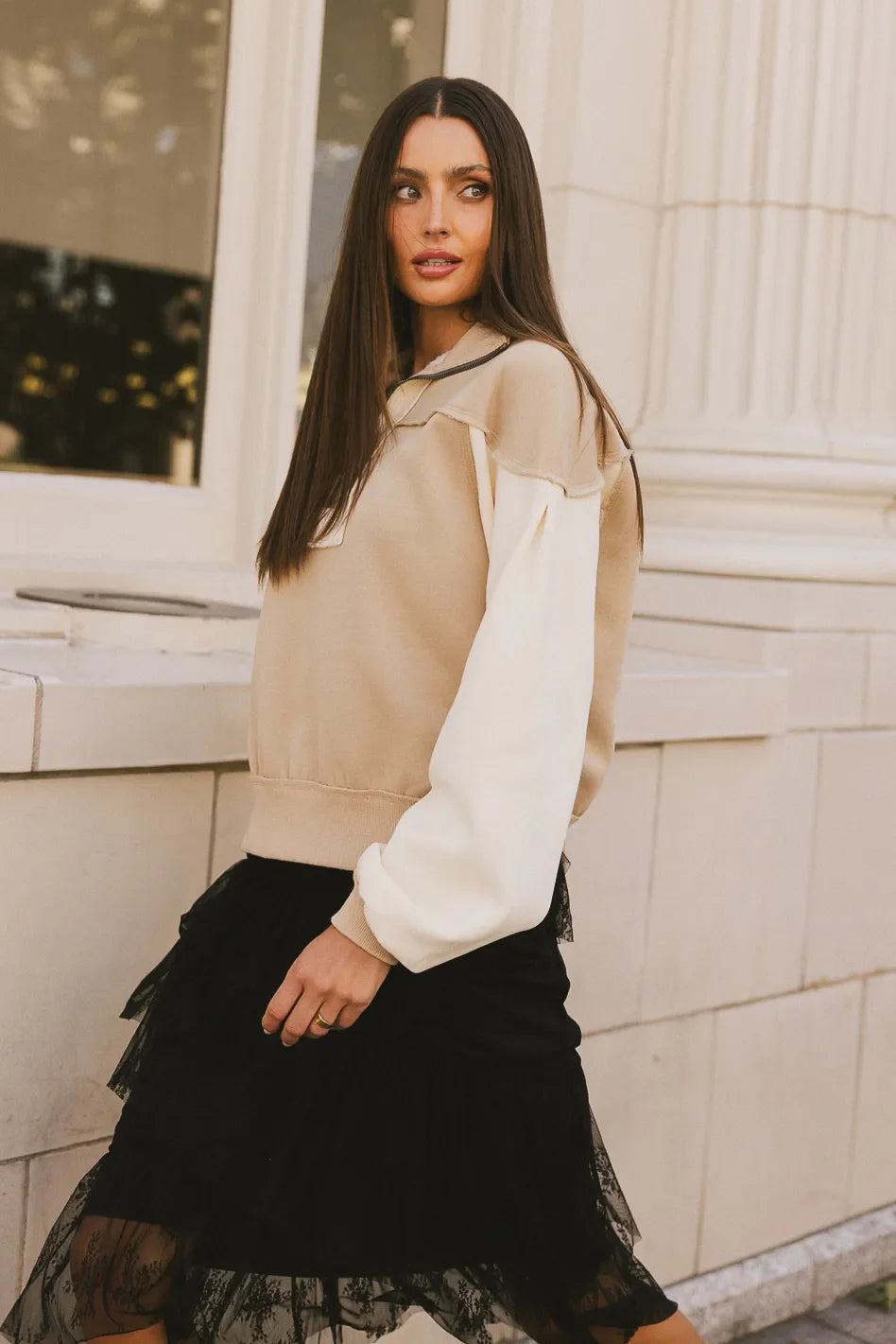 Zeya Half Zip Sweatshirt in Tan - FINAL SALE