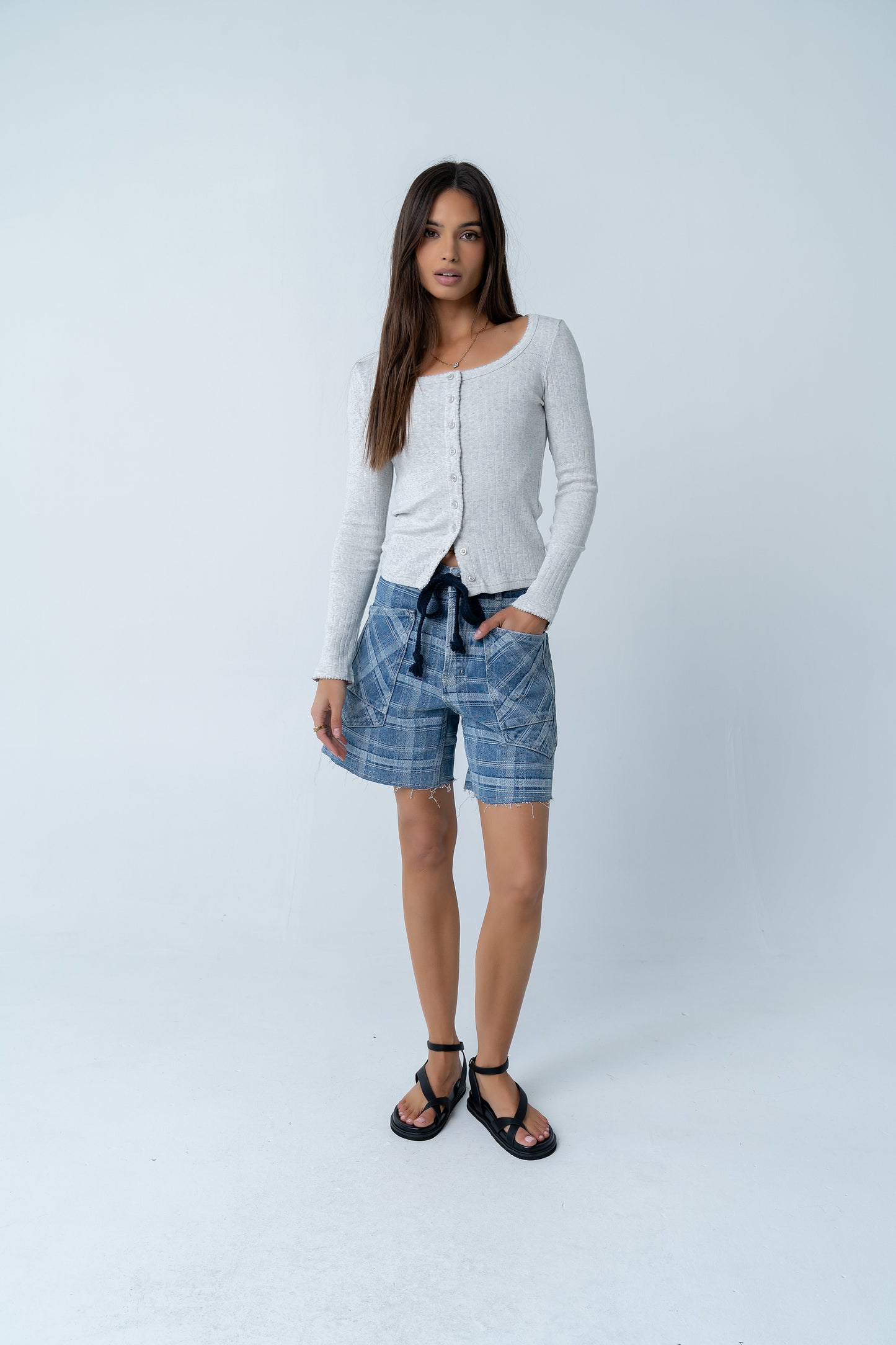 Roselyn Plaid Denim Shorts