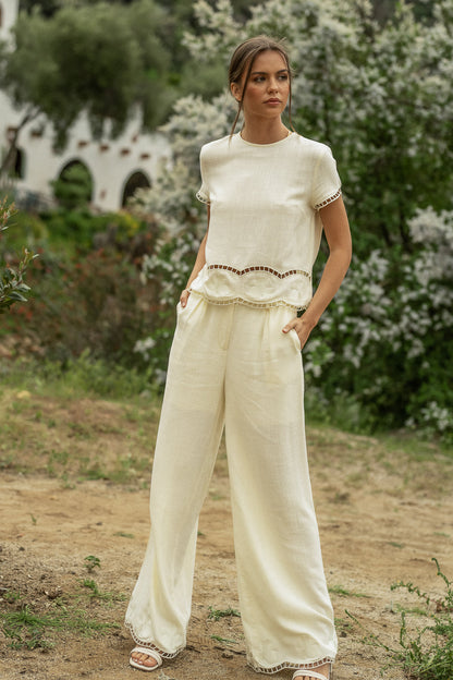 Katniss Embroidered Pants in Cream - FINAL SALE