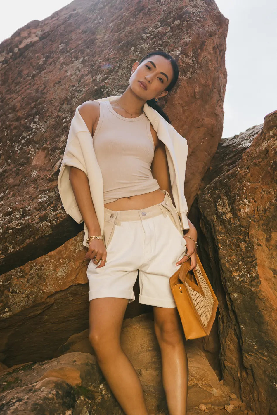 Alex Colorblock Denim Shorts in Cream - FINAL SALE