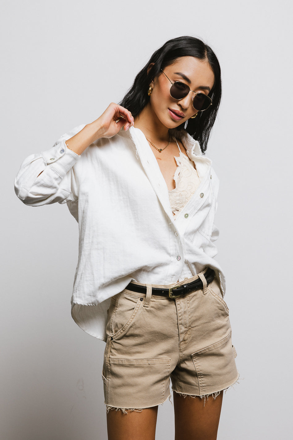 Maria Utility Denim Shorts in Tan - FINAL SALE