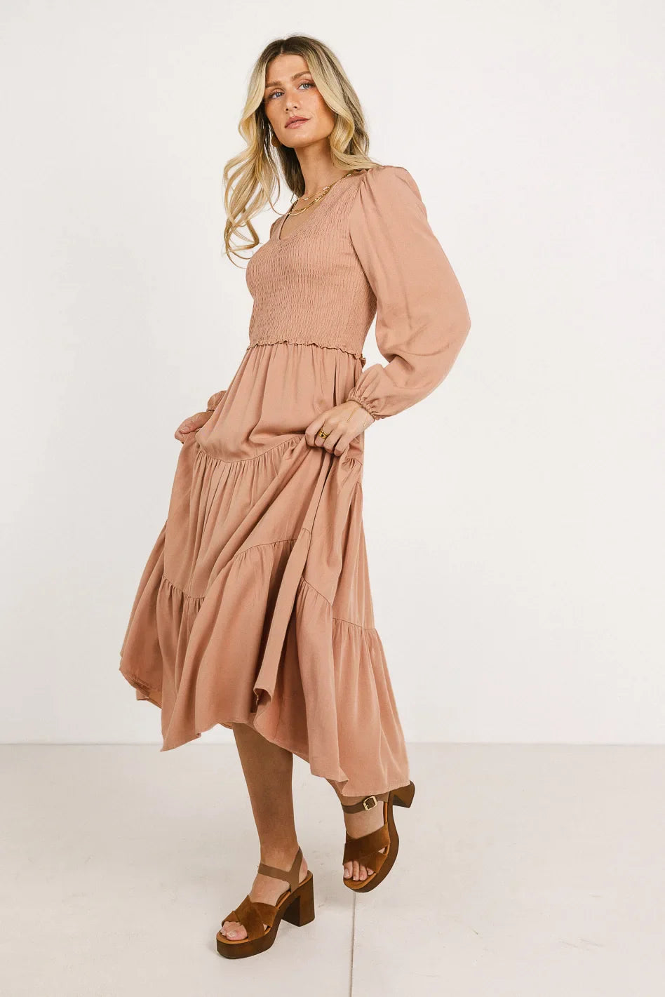 Smocked Tiered Midi Dress in Pink - FINAL SALE