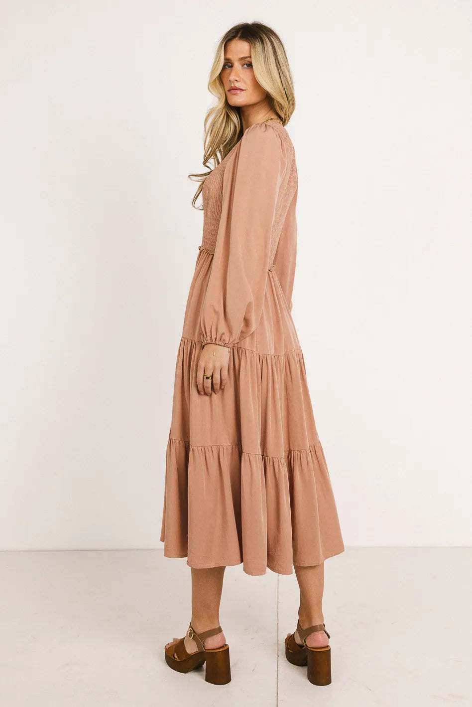 Smocked Tiered Midi Dress in Pink - FINAL SALE