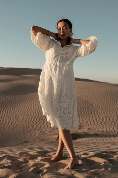 Eleanor Eyelet Lace Midi Dress in Cream - FINAL SALE