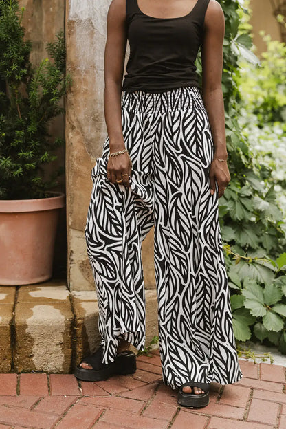 Petra Abstract Smocked Pants in Black - FINAL SALE