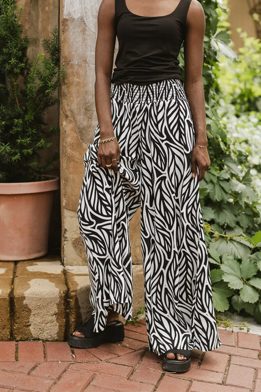 Petra Abstract Smocked Pants in Black - FINAL SALE