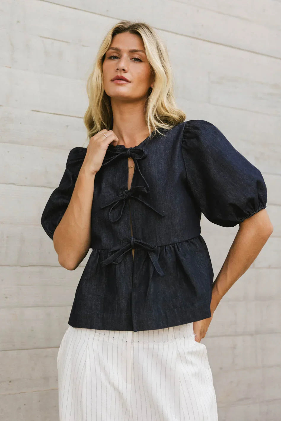 Natalia Peplum Tie Blouse in Dark Wash - FINAL SALE