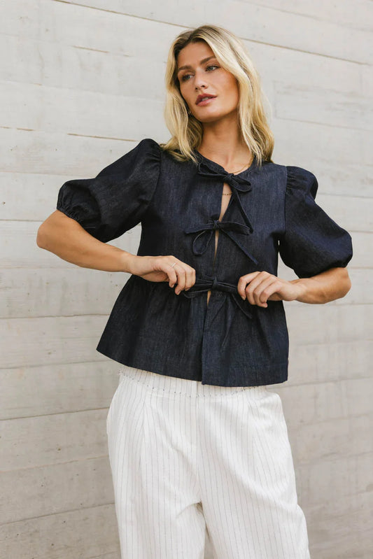 Natalia Peplum Tie Blouse in Dark Wash - FINAL SALE