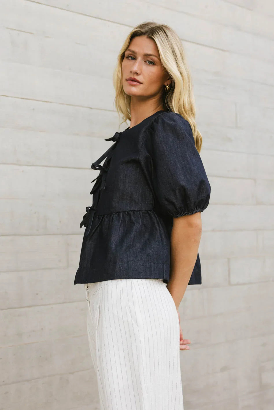 Natalia Peplum Tie Blouse in Dark Wash - FINAL SALE