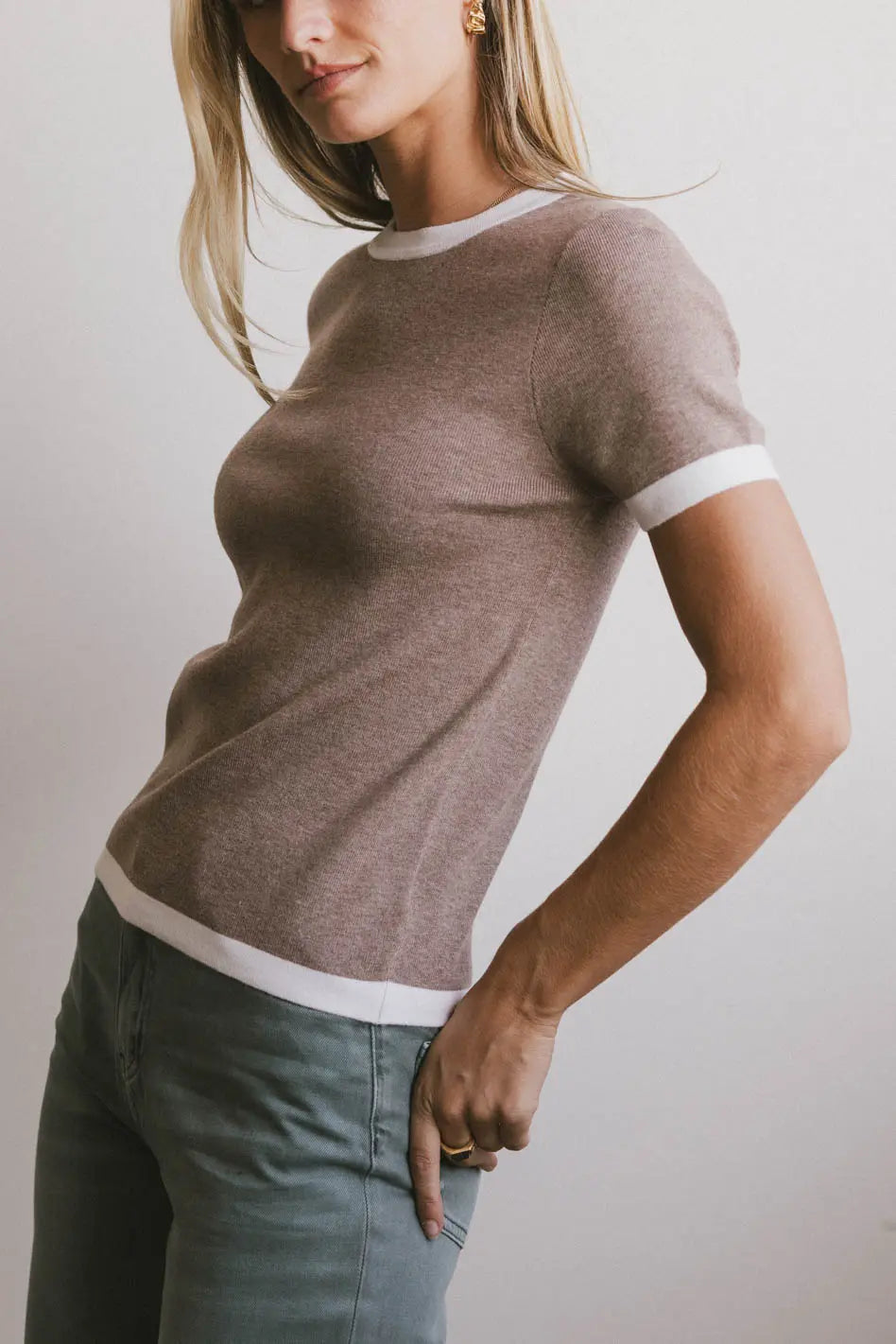Maddie Ringer Sweater Top in Taupe