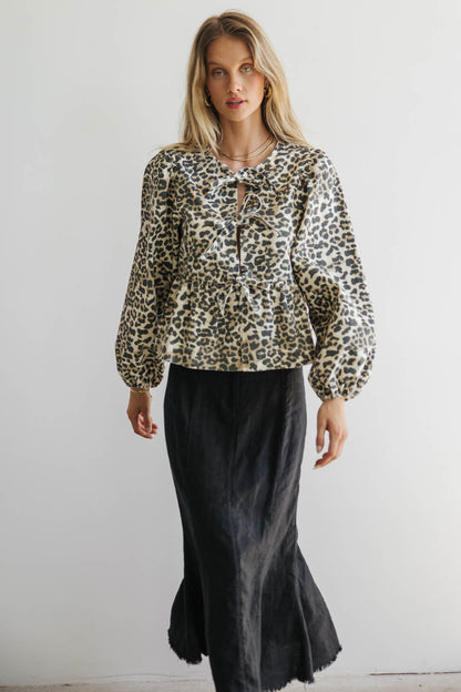 Maggie Peplum Tie Blouse in Leopard - FINAL SALE