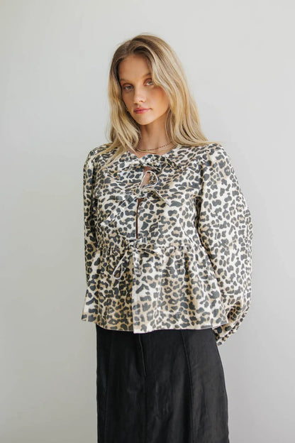 Maggie Peplum Tie Blouse in Leopard - FINAL SALE