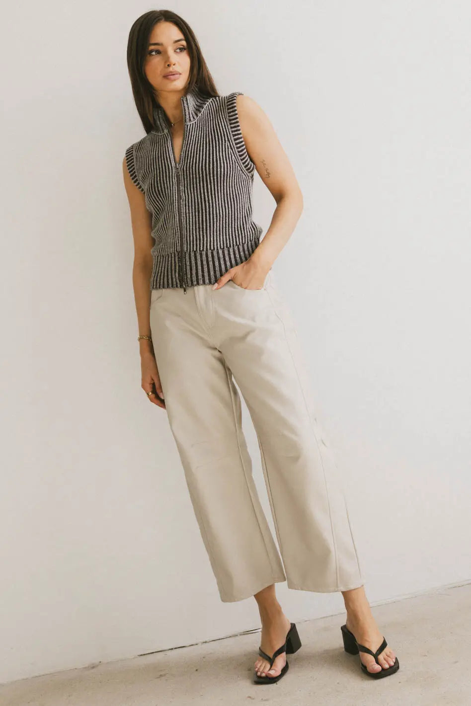 Langston Vegan Leather Barrel Jeans in Sand - FINAL SALE