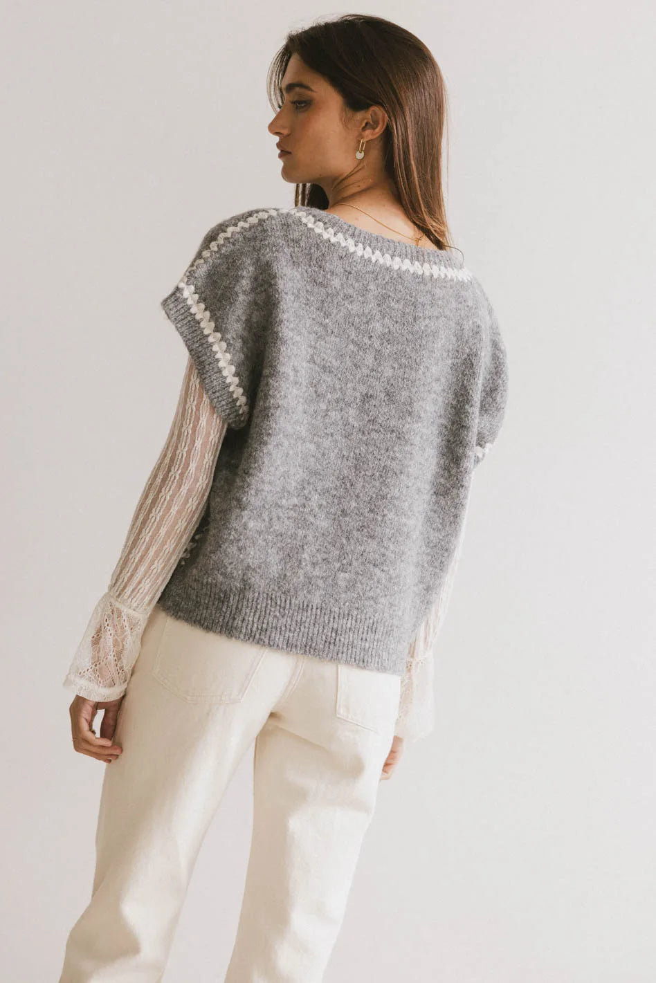 Hazel Embroidered Sweater Top in Grey - FINAL SALE