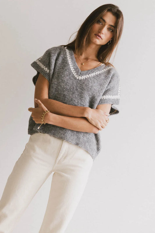 Hazel Embroidered Sweater Top in Grey - FINAL SALE
