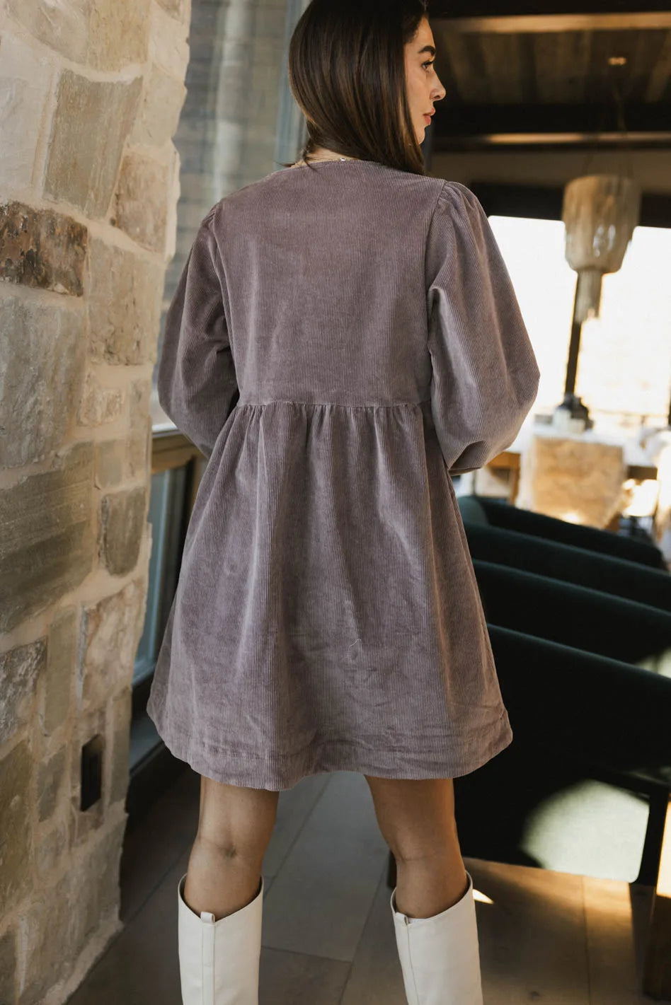 Tyler Peplum Mini Dress in Mauve Corduroy - FINAL SALE