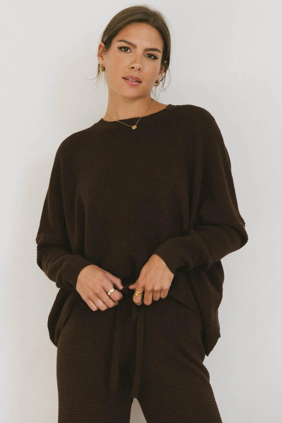 Jesse Waffle Knit Top in Brown - FINAL SALE
