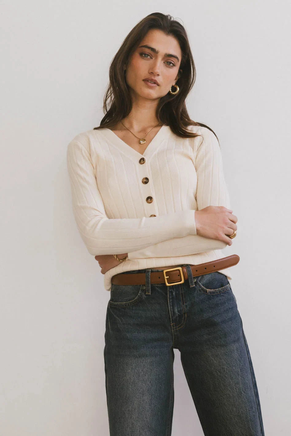Ribbed Button Front Top in Ivory - FINAL SALE