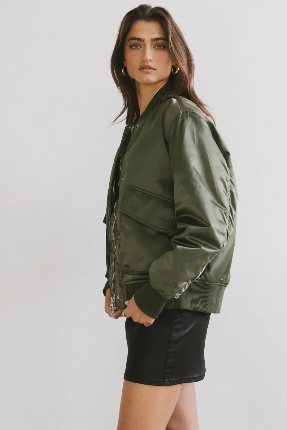 Rylee Satin Bomber Jacket in Green - FINAL SALE