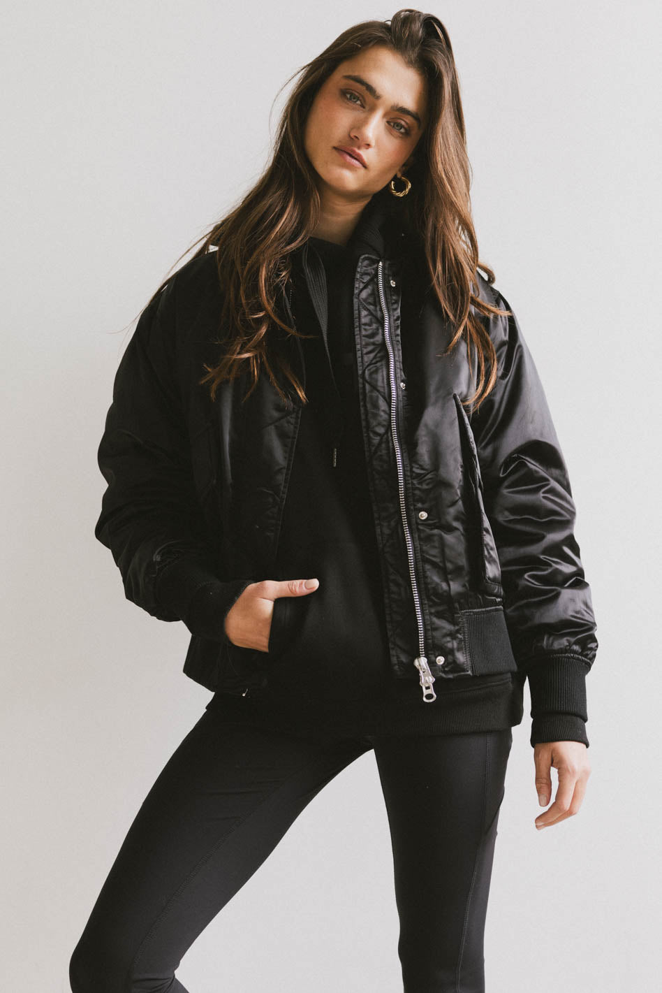 Rylee Satin Bomber Jacket in Black - FINAL SALE