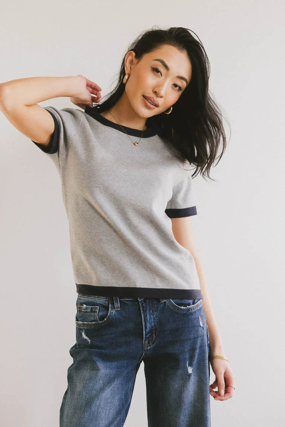 Maddie Ringer Sweater Top in Grey