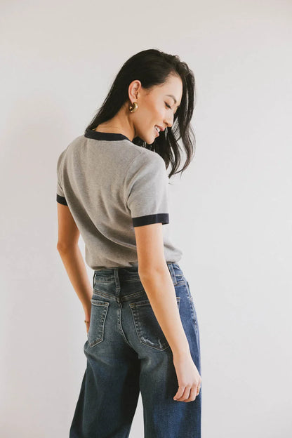 Maddie Ringer Sweater Top in Grey