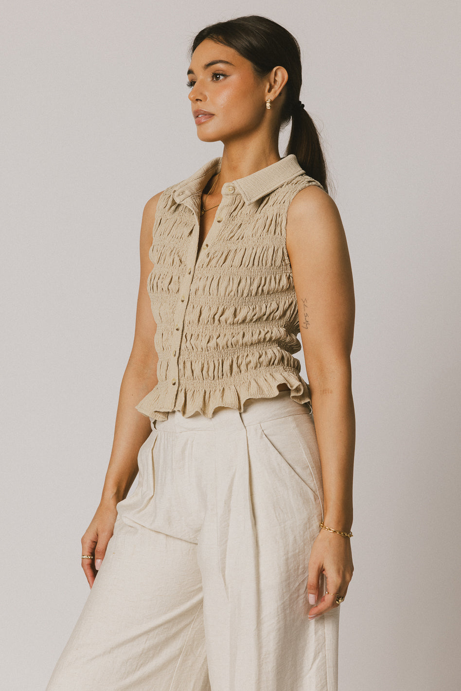 Russel Smocked Button Up in Taupe - FINAL SALE