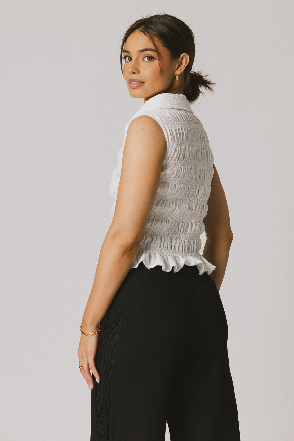 Russel Smocked Button Up in White - FINAL SALE