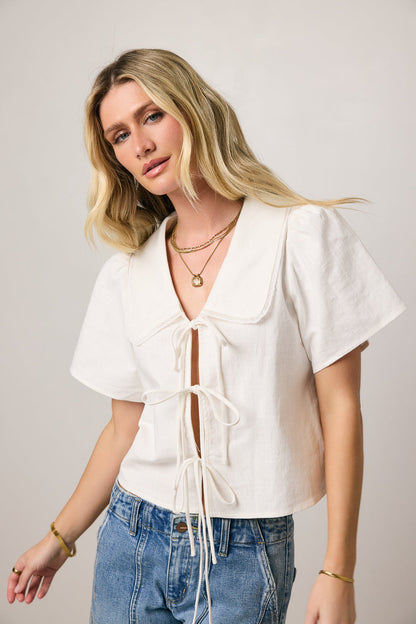 Ethan Tie Front Blouse in White - FINAL SALE