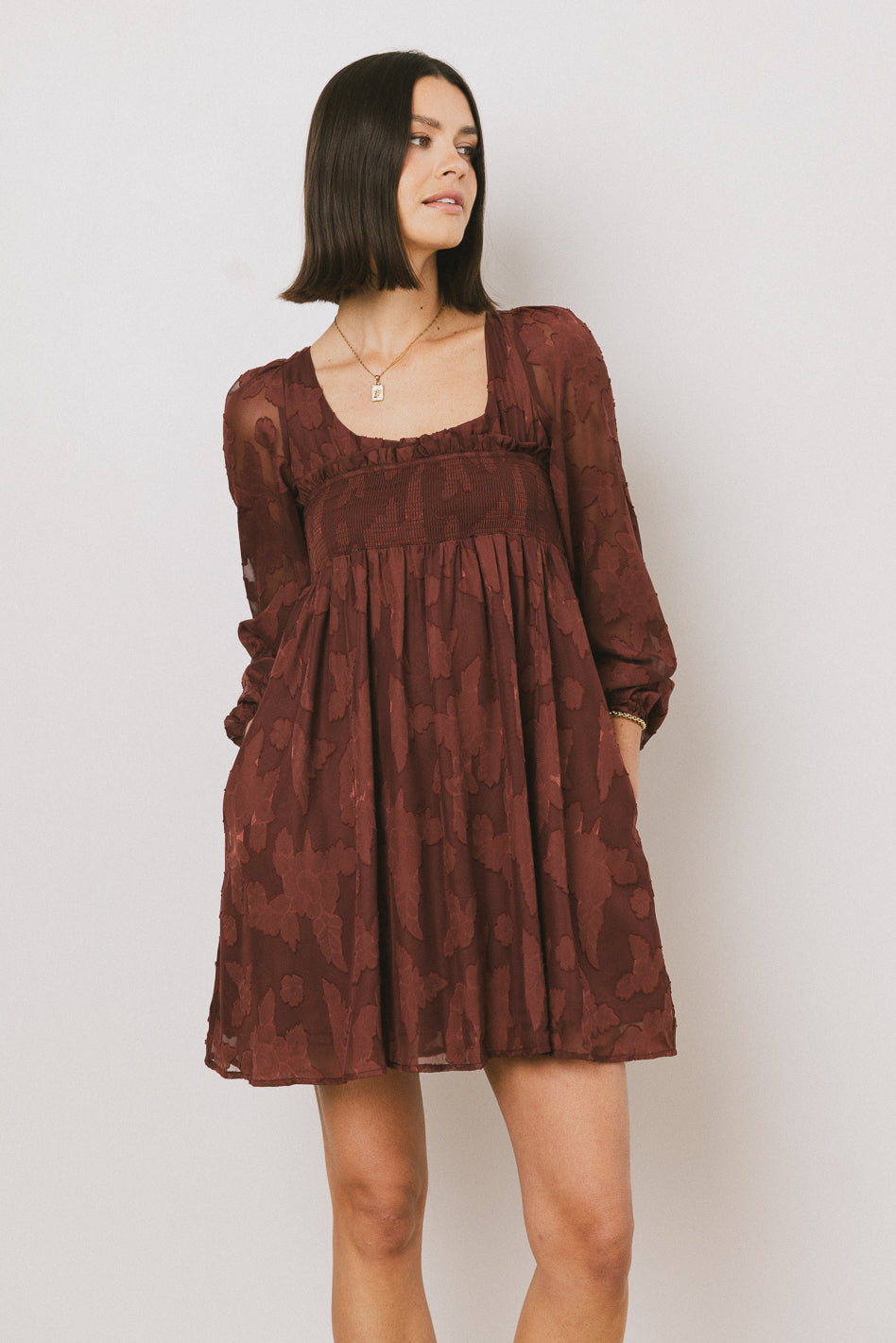 Miles Smocked Mini Dress in Red-Brown - FINAL SALE