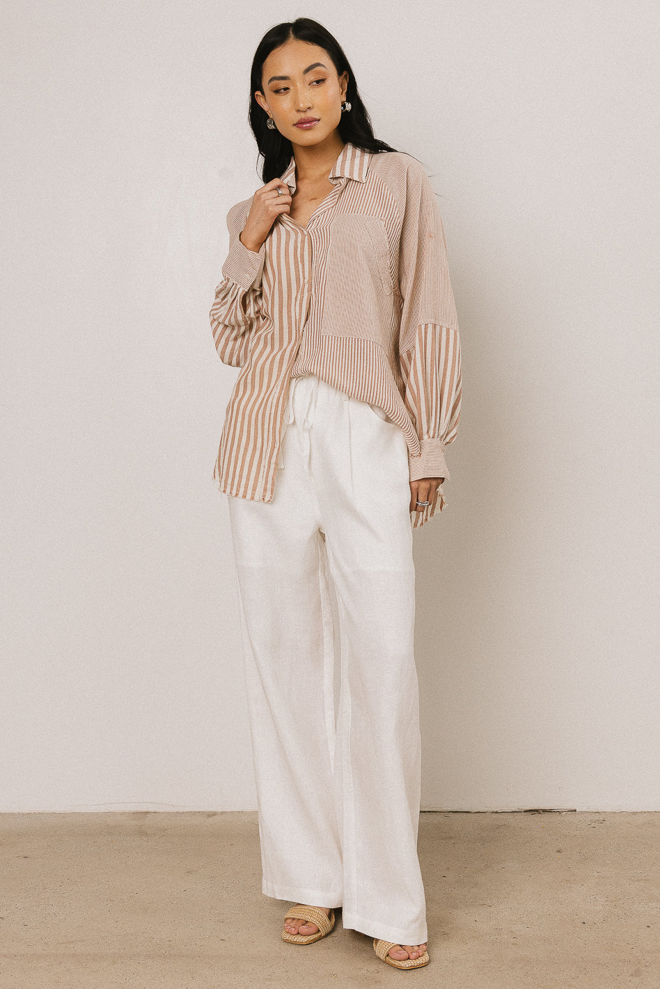 Gia Striped Button Up in Taupe - FINAL SALE