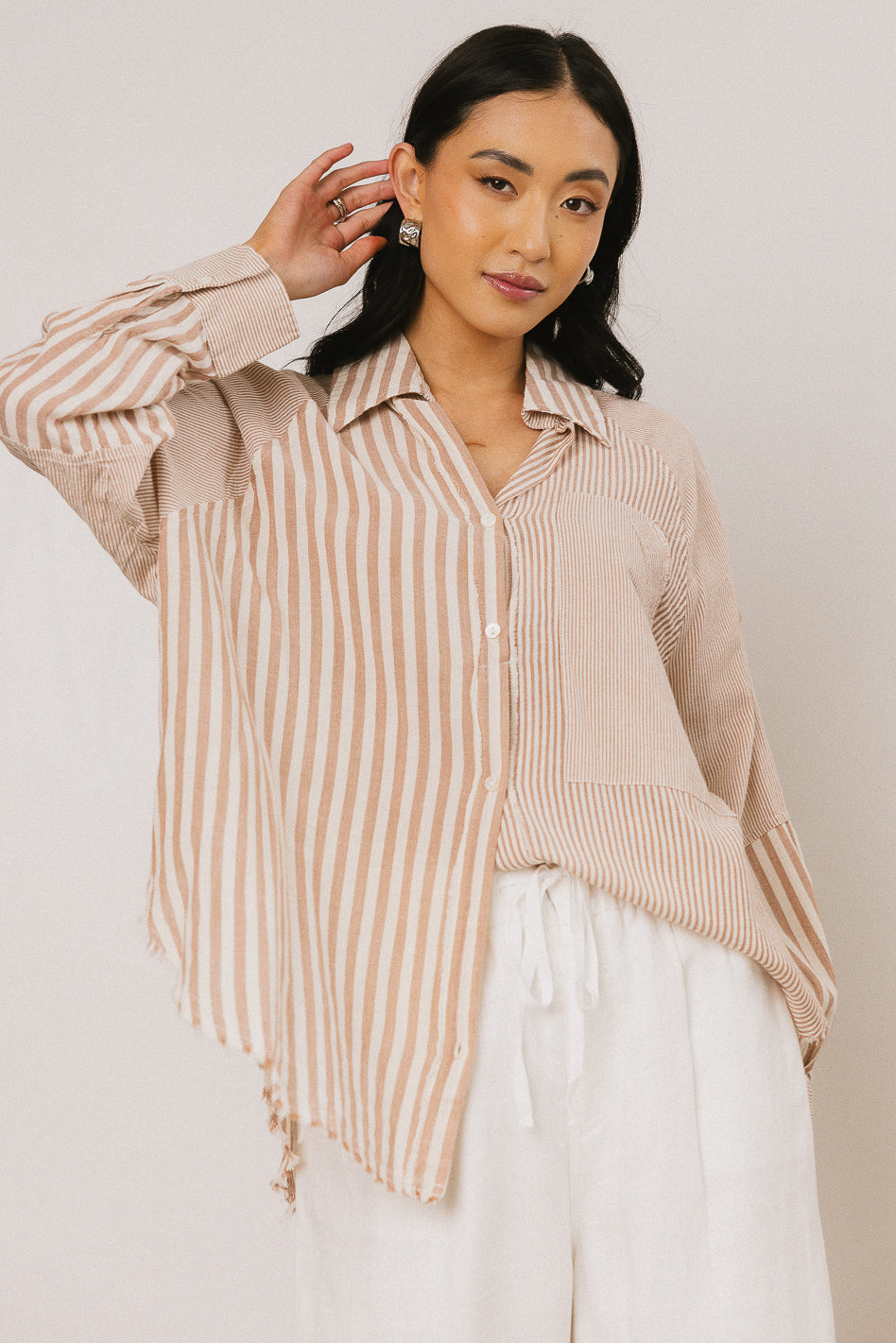 Gia Striped Button Up in Taupe - FINAL SALE