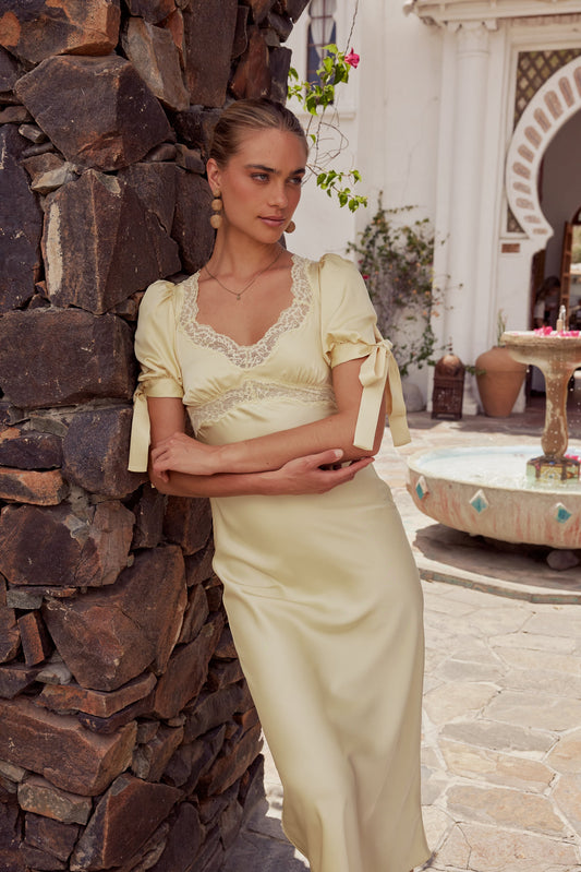 Amanda Lace Trim Maxi Dress in Butter Yellow