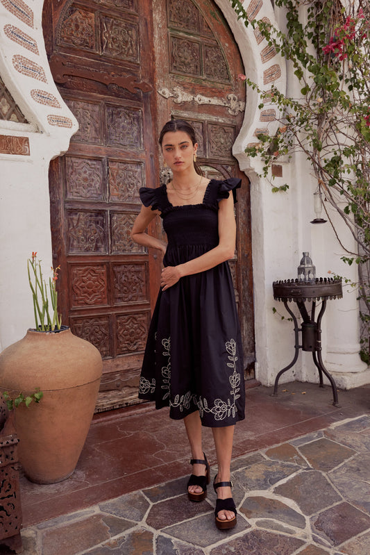 Lane Embroidered Midi Dress in Black - FINAL SALE